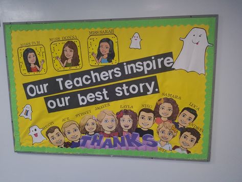 Teacher appreciation Snapchat Bitmoji #teacherappreciation #snapchat #bitmoji Bitmoji Bulletin Board Ideas, Parents Teacher Meeting Board Decoration, Welcome To Parents Teachers Meeting Board Decoration, Bitmoji Classroom Door Ideas, Bitmoji Teacher Ideas, Teacher Bitmoji Classroom, Classroom Bitmoji, Classroom Setup Elementary, Art Bulletin Boards