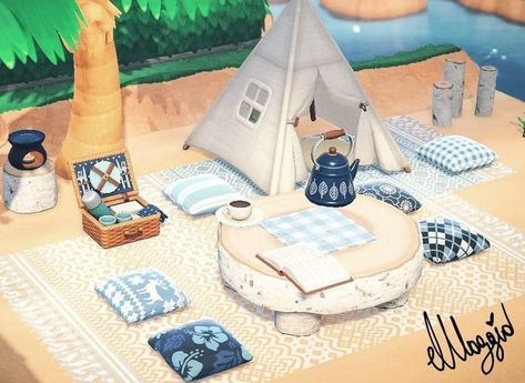 Beach Camp Site Animal Crossing, Beach Towel Animal Crossing, Acnh Beach Decoration, Animal Crossing Camp Site Ideas, Beach Towel Acnh, Nautical Animal Crossing, Acnh Observatory Ideas, Acnh Coastal Ideas, Easy Animal Crossing Builds