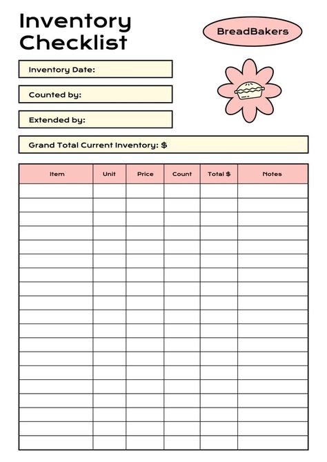 Modern BreadBakers Bakery Inventory Checklist Bakery Inventory Spreadsheet, Inventory Checklist Template, Bakery Planner, Wedding Dj Checklist, Party Planning Printable, Inventory Checklist, Bill Book, Inventory Sheet, Bakery Business Plan