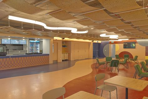 This lively cafeteria space features eye-catching curved linear pendants that create a warm and inviting atmosphere. Vibrant colors throughout the area enhance the energetic vibe, making it a welcoming spot for students and athletes to gather and recharge. The thoughtful design combines functionality with a playful aesthetic, perfect for fostering a sense of community. Playful Aesthetic, Sense Of Community, Netball, Linear Pendant, Auckland, Home Projects, Interior Designers, The Fosters, Sense