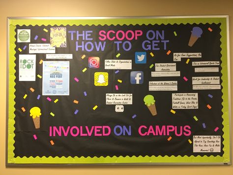 Involvement Themed Bulletin Board Ra Bulletin Board Ideas, August Bulletin Boards, Residence Life Bulletin Boards, Resident Assistant Door Decs, Dorm Bulletin Boards, Res Life Bulletin Boards, Resident Assistant Bulletin Boards, Inspirational Bulletin Boards, February Bulletin Boards