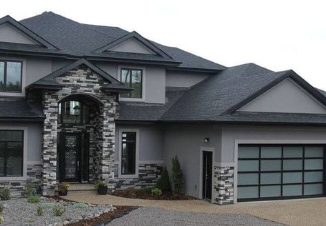 Uncertain Gray (SW 6234): what color is, review, and use - Hackrea Grey Stucco House Exterior, Exterior Stucco, Grey Exterior House Colors, Gray House Exterior, Garage Exterior, Gray House, Exterior Design Ideas, Stucco Homes, Casa Country