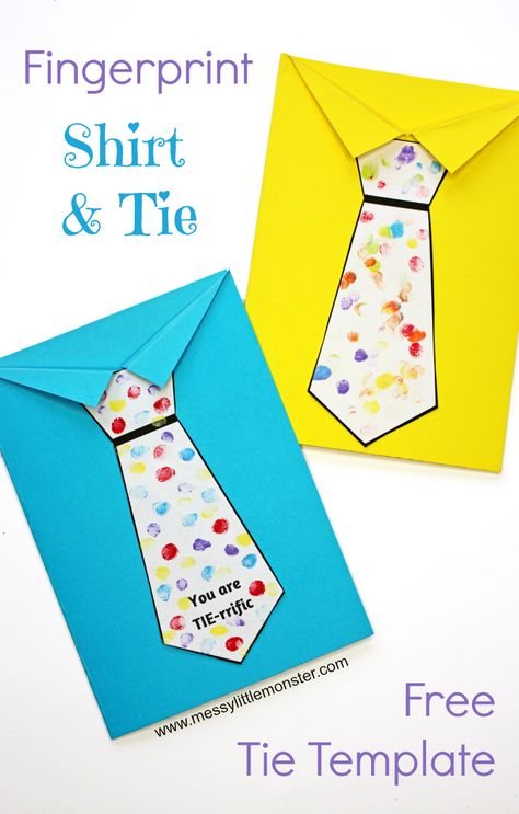 Father's Day tie card with free printable tie template. A fun shirt and tie craft for kids. An easy Father's Day craft for toddlers and preschoolers. Tell dad he is Tie-rrific! Simple Fathers Day Crafts For Kids, Father's Day Card Template, Tie Template, Kids Fathers Day Crafts, Origami Shirt, Craft For Toddlers, Fathersday Crafts, Dad Crafts, Father's Day Craft