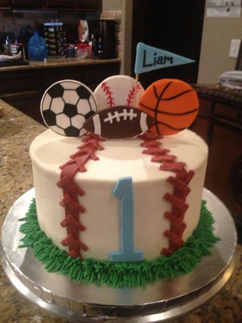 Sports Themed Smash Cake, Sports First Birthday Cake, Born 2 Ball Birthday Cake, Sports Smash Cake, Sports Theme Birthday Cake, Sports Cakes For Boys Birthdays, Sports Cake Ideas, Sports Birthday Cake, Cupcake House