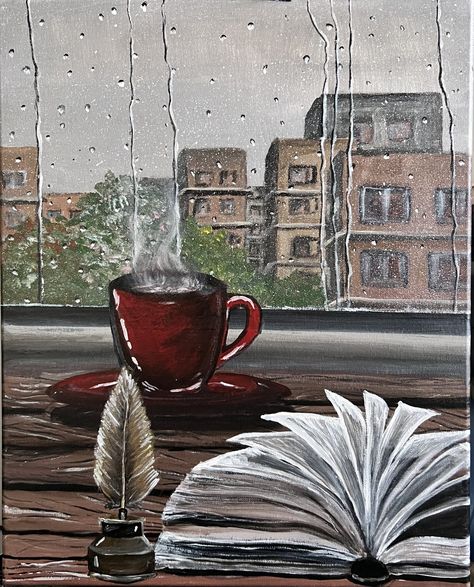 A view of a city drenched in rain along with a cup of coffee and a book Rainy Day Painting Easy, Rainy Day Aesthetic Drawing, Rainy Day Drawing Watercolors, Abstract Coffee Art, Coffee Cup Painting Ideas, Rainy Drawing, Rainy Day Sketch, Rain Acrylic Painting, Rainy Day Painting