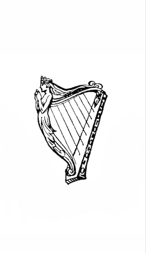 Harp Tattoo Ideas, Lyre Bird Tattoo, Greek Harp Tattoo, Irish Harp Tattoo Design, Medieval Tattoos, Harp Tattoo, Ireland Tattoo, Torso Tattoos, Party Tattoos