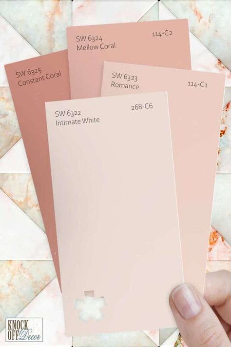 Intimate White Paint Color, Sw Mellow Coral, Sw Rachel Pink, Coral Sherwin Williams Paint, Millennial Pink Paint, Intimate White Coordinating Colors, Neutral Pink Paint Colors Sherwin Williams, Blush Pink Sherwin Williams, Pale Pink Sherwin Williams Paint