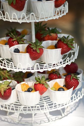 Fruit in little bakers cups Class Tea Party Ideas, Strawberry Garnish, Deco Fruit, Christmas Tea Party, Kids Tea Party, Ladies Tea, High Tea Party, Tea Ideas, Princess Tea Party