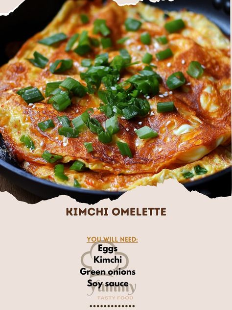 🍳 "Kimchi Omelette is a savory, spicy breakfast treat that’s loaded with flavor and makes your mornings extraordinary!" 🍳🔥 #KimchiOmelette #SpicyBreakfast Kimchi Omelette Ingredients: Eggs (3, beaten) Kimchi (½ cup, chopped) Green onions (2, chopped) Soy sauce (1 tsp) Sesame oil (1 tsp) Salt and pepper (to taste) Instructions: Heat sesame oil in a pan. Add kimchi and green onions; cook for 2 minutes. Pour beaten eggs over kimchi mixture. Cook until eggs are set, folding omelette in half. ... Kimchi Omelette, Kimchi For Breakfast, Kimchi And Eggs, Chinese Omelette Recipe, Omelette Ingredients, Kimchi Egg Toast, Spicy Breakfast, Sesame Oil, Breakfast Treats