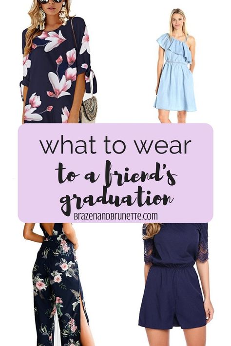 Need some last minute ideas on what to wear to your bestie's graduation ceremony? From dresses to rompers to jumpsuits and even shoes, I have graduation outfit inspiration for you! What to wear to graduation. College graduation outfits. Grad school graduation outfits. Law school graduation outfits | brazenandbrunette.com Besties Graduation, Dress To Romper, Graduation Ceremony Outfit, Graduation Guest Outfit, Graduation Outfit College, Graduation Dress College, Graduation College, Friend Graduation, Graduation Party Dresses