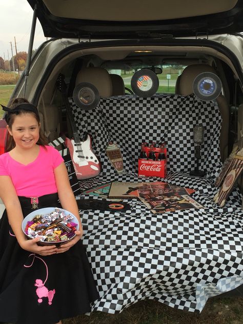 50's themed trunk or treat Trunk Or Treat Halloween, Grease Theme, Church Trunk, Halloween Car Decorations, Trunker Treat Ideas, Trunk Or Treat Ideas, Harvest Fest, Treat Ideas, Chic Party