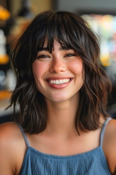 Women Bangs Haircut, Medium Length Haircut With Bangs For Fine Hair, Long Choppy Bob With Bangs, Long Textured Bob With Bangs, Short Bangs With Layers, Textured Curtain Bangs, Lob Haircut Bangs, Textured Hair With Bangs, Layered Long Bob With Bangs