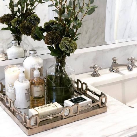 Classy vanity styling in this NYC showhouse shared by the lovely @darcihether. #HomeGalore Vanity Tray Decor, Spa Bathroom Decor, Bathroom Vanity Tray, Bathroom Counter Decor, Bathroom Vanity Decor, Walk In Shower Designs, Bathroom Decorating Ideas, Spa Bathroom, Restroom Decor