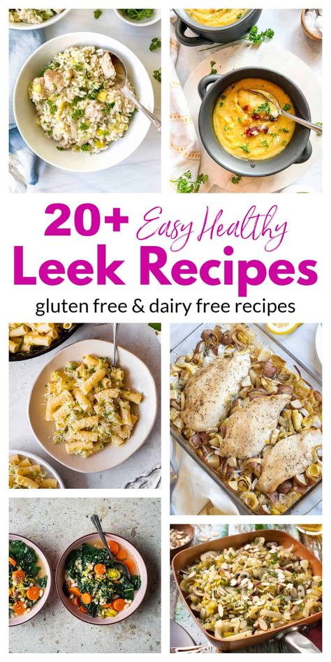 These easy healthy leek recipes are all different, creative, and easy ways to cook with tender leeks. You will love these easy leek recipes. In addition to soups and stews these hearty green veggies are used in a similar way that onions are, and can be incorporated into an abundance of other easy healthy recipes. When healthy eating is at the top of your list, you will love these delicious leek recipes all made with simple ingredients. These soups and side dish leek recipes are all gluten free. Leek Recipe Ideas, Recipes With Leaks, Recipes For Leeks, What To Make With Leeks, Recipes Using Leeks, Leeks Recipe Healthy, Recipes With Leeks, Cooking Leeks, Leek Recipes Side Dishes