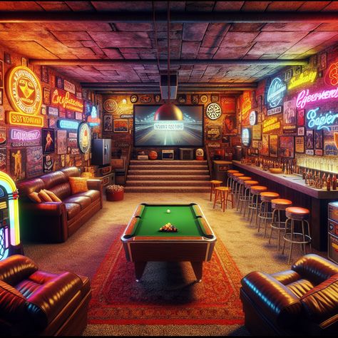 Discover your ultimate hideout in this retro-style underground man cave, bolstered by neon signs, high-end gaming systems, a pool table and a massive sports-centered TV setup. Cheers to good times at your own bar or groove to rock tunes from a vintage jukebox. Nostalgia looms with jerseys, posters and movie memorabilia adorning the walls.

#MancaveDesign #RetroManCave #GamingRoom #HomeBar #EntertainmentRoom #SportsMemorabilia Tv Setup, Man Cave Design, Family Houses, Neon Nights, Family House Plans, Entertainment Room, Bar Ideas, Movie Memorabilia, Pool Table