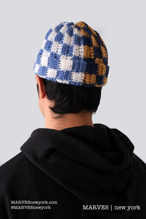 Handmade crochet checkered beanie made in nyc IG @MARVESnewyork Crochet Checkered Beanie, Bucket Hat Outfits, Checkered Beanie, Crochet Checkered, Checkered Outfit, Ladies Knitting Patterns, Hat Outfits, Men Crochet, Crochet One Piece