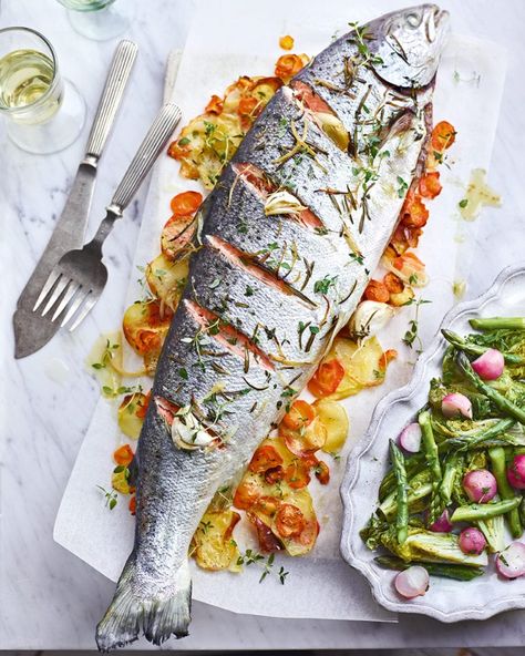 Whole roast salmon with spring vegetables recipe | delicious. magazine Four Magazine Recipes, Whole Salmon Recipes, Whole Salmon Recipe, Christmas Salmon, Roasted Salmon Recipes, Roast Salmon, Spring Vegetables Recipes, Mushroom Wine Sauce, Roasted Potatoes And Carrots