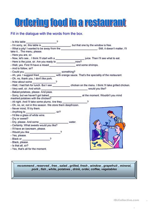 ORDERING FOOD - English ESL Worksheets for distance learning and physical classrooms Restaurant English, Food In Spanish, Drama Activities, Vocabulary Exercises, English Lesson Plans, Spanish Worksheets, English Worksheet, English Exercises, Teaching Jobs