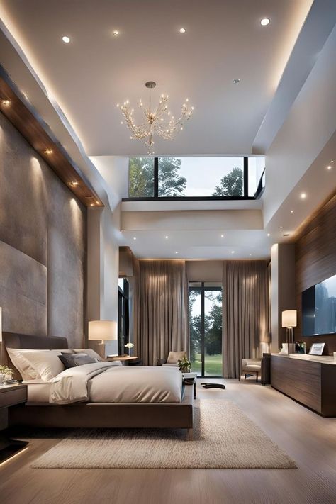 Bedroom Inspo Luxury, Long Bedroom Design Layout, Big Bedroom Design Modern, Modern Luxury Villa Interior Design, Big Bedroom Design Ideas, Dreamy Master Bedrooms, Big Bedroom Ideas Luxury, Mansion Bedroom Aesthetic, Big Modern Bedroom