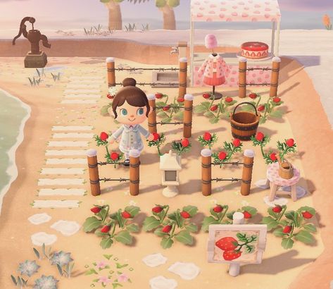 animal crossing strawberry garden Acnh Berry Farm, Acnh Flower Garden Idea, Animal Crossing Strawberry Farm, Pink Villagers Acnh, Strawberry Island Animal Crossing, Acnh Strawberry Fields, Animal Crossing Fruit Garden, Acnh Sweets Shop, Garden Acnh Ideas