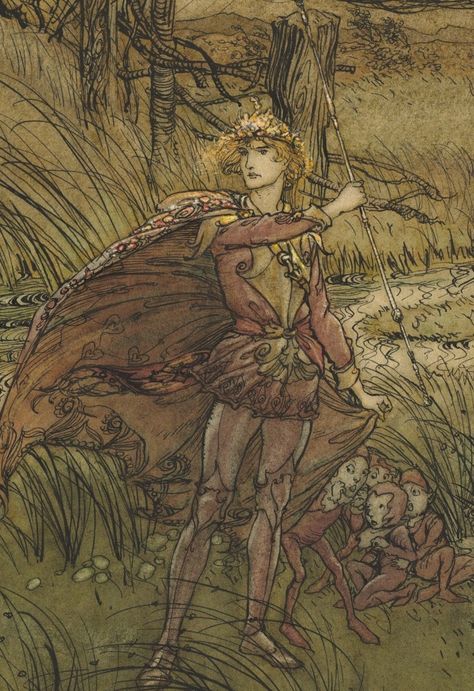 Details from Arthur Rackham’s illustration "And now they never meet in grove or green," (1908) from A Midsummer Night’s Dream by... Titania Fairy Queen, A Midsummer Night's Dream, Colors Of Autumn, Arthur Rackham, Midsummer Night's Dream, Fairy Illustration, Autumn Fairy, Fairy Queen, Midsummer Nights Dream