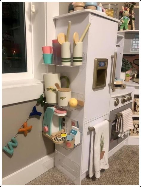 Play Kitchen Organization, Kidkraft Kitchen Makeover, Play Kitchen Area, Kids Kitchen Ideas, Kitchen Play Area, Kidkraft Kitchen, Play Kitchen Makeover, Childrens Play Kitchen, Play Kitchen Ideas