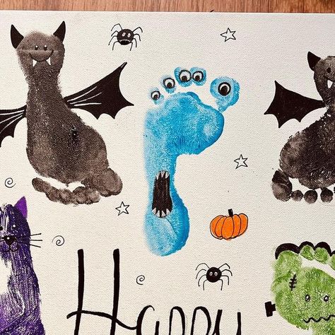 Halloween Finger Painting, Hand Print Fall Crafts, Frankenstein Footprint Art, Ghost Feet Painting, Halloween Hand And Foot Print Art, Footprint Ghosts, Hand And Foot Print Art, Foot Print Art, Halloween Canvas Art