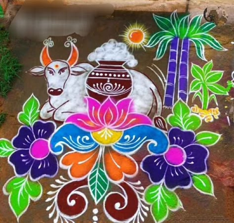 Big Rongali Design, Rangoli For Bhogi Festival, Pongal Design Muggulu, Simple Sankranthi Rangoli Designs, Best Rangoli Designs For Competition For Sankranti, Rangoli Design For Pongal Festival, Muggulu For Bhogi, Pongal Theme Rangoli, Sankranti Rangoli Design