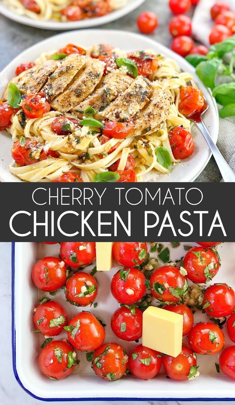 Cherry Tomato Chicken Pasta - this is a simple pasta dinner packed with fresh herbs like basil. A quick chicken dinner that's packed with flavour. #chefnotrequired #cherrytomato #chickenpasta Cherry Tomato Chicken, Burst Cherry Tomato Pasta, Roasted Cherry Tomato Sauce, Roast Chicken Breast, Blistered Cherry Tomatoes, Garlic Oven, Burst Cherry Tomatoes, Tomato Chicken Pasta, Cherry Tomato Pasta Sauce