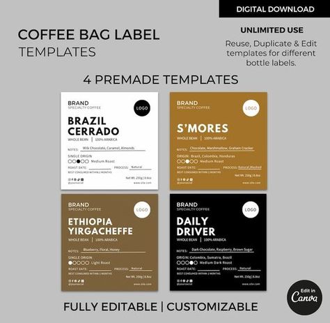 Editable Coffee Bag Labels Template Canva, Coffee Beans Pouch Label Stickers Printable, Custom Coffee Packaging, Tea Bag Labels, Minimalist - Etsy Philippines Coffee Bag Design Ideas, Coffee Bag Label, Coffee Label Design Stickers, Coffee Label Packaging, Coffee Popup, Coffee Design Packaging, Coffee Beans Packaging, Coffee Package Design, Coffee Bean Packaging