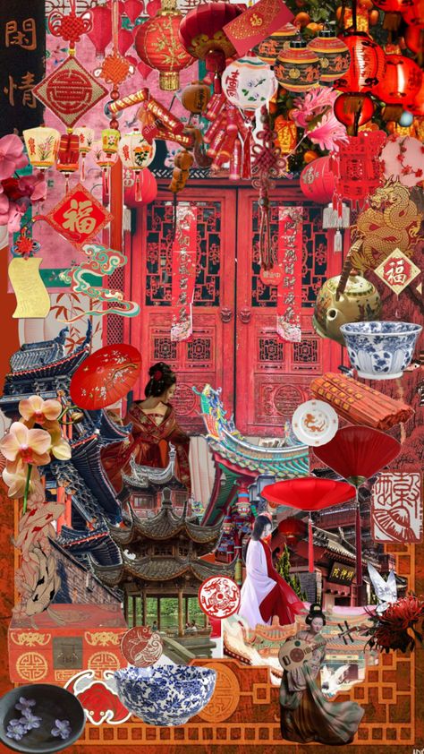 lunar new year 🧧 ⭐️ Ancient Asian Aesthetic, Year Aesthetic, Chinese New Year Poster, New Years Poster, Cat Air, Ancient Beauty, Art Collage Wall, Lunar New Year, Lunar New