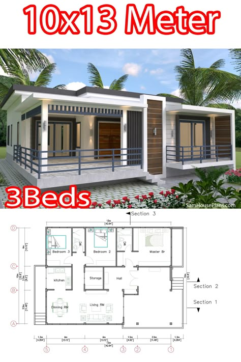 Flat Roofing Design, 3 Bedroom Ranch Floor Plans, Modern Ranch House Plans, Cheap House Plans, Small House Blueprints, Small Modern House Plans, Modern Ranch House, Cheap House, Three Bedroom House Plan