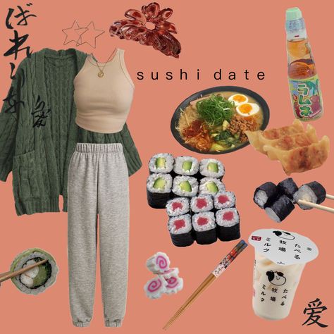 green outfit cozy sushi date outfit ramen ramune hair clip dumplings sushi roll pretty chopsticks clip art edit aesthetic boba drink Boba Outfit Aesthetic, Boba Date Outfit, Ramen Date Outfit, Sushi Outfit Date, Sushi Date Outfit, Boba Tea, Sushi Rolls, Fire Fits, Green Outfit