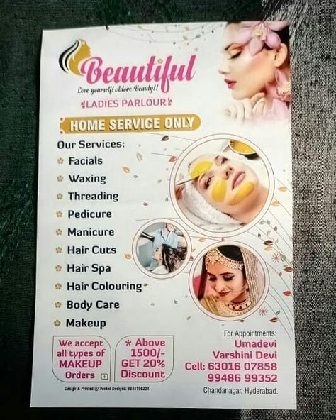 Parlour Board Ideas, Beauty Parlour Menu Card Design, Beauty Parlour Pamphlet Design, Parlour Wallpaper Design, Salon Pamphlet Design, Home Service Salon Ideas, Beauty Parlour Board Design, Beauty Parlour Poster, Beauty Parlour Poster Design