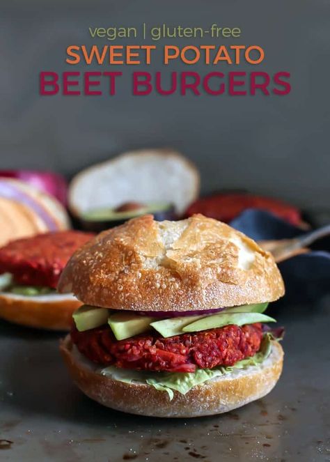 These Sweet Potato Beet Burgers are going to be your new favorite veggie burger. Gluten-free, vegan and perfect for any night of the week! Topped with avocado and a spicy pumpkin aioli! An amazing plant-based meal. | fitmittenkitchen.com | #burgers #sweetpotato #meatlessmonday #meatlesshamburgers #beetburgers #veganburgers #glutenfreeburger #bbqfoods #healthyburger #healthybbq #summerfoods #meatlessburger #vegan #plantbased #plantbaseddinner #plantbasedburger #glutenfree #cleaneating #... Vegan Beet Burger, Beet Burger Recipe, Beet Burgers, Burgers With Avocado, Keto Mushrooms, Gluten Free Burger, Meatless Burgers, Beet Burger, Gluten Free Sweet Potato