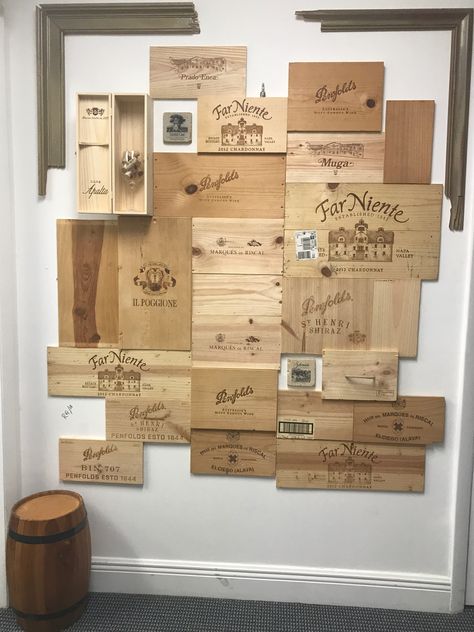 Wine Crate Decor, Wine Crate Wall, Wine Box Crafts, Wine Crate Paneling, Wine Box Wall, Miami Office, Crate Wall, Crate Decor, Interior Design Wall Art