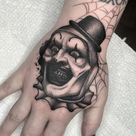 The Terrifier Tattoo, Art The Clown Terrifier Wallpaper, Django Tattoo, Creepy Clown Tattoo, Art The Clown Terrifier Tattoo, Art The Clown Tattoo, Hellraiser Tattoo, Terrifier Tattoo, Dark Realism