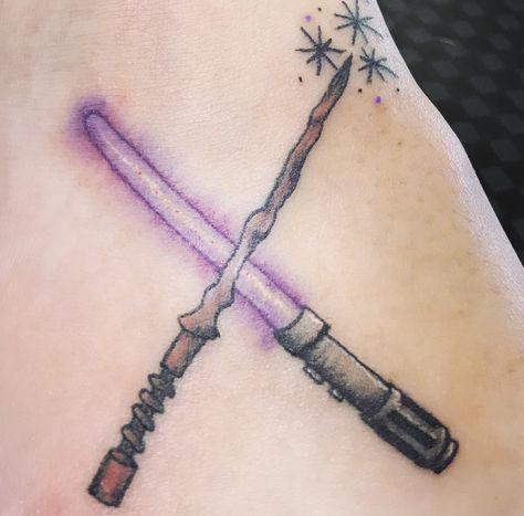 Wand And Lightsaber Tattoo, Tattoo Collage, Lightsaber Tattoo, Purple Lightsaber, Red Lightsaber, Wand Tattoo, Star Wars Tattoo, Harry Potter Wand, Foot Tattoo