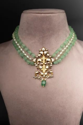 Shop for Osvag India Polki Embellished Pendant Necklace Online at Aza Fashions Neck Pics, Statement Jewelry Outfit, Gold Jewelry Prom, Antique Necklaces Design, Bridal Jewelry Vintage, Fancy Jewelry Necklace, Pearl Jewelry Design, Jewellery Necklaces, Beaded Jewelry Necklaces