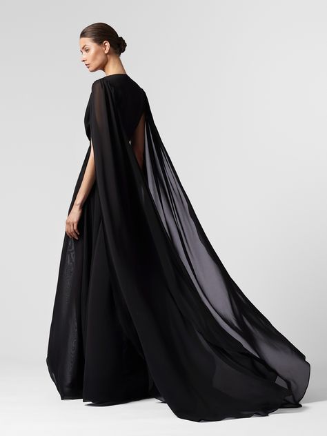 Cape maxi dress - Namelazz Official Online Store Long Sleeve Dress Photoshoot, Black Dress With Cape, Motb Dress, Black Cape Dress, Cape Dress Long, Photoshoot Dresses, Cloak Dress, Dramatic Dresses, Cape Sleeve Dress