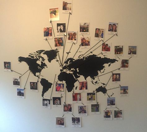 Map Photo Wall - with so many travel photos it was costly to buy individual photo frames. So I printed out Polaroid versions @ www.photobox.co.uk which handily come printed with a caption of your choice. Handy to make note of each destination! Map Photo, Travel Room, Dorm Room Organization, Wood Photo Frame, World Map Wall, Wall Maps, Travel Wall, Travel Maps, Map Wall