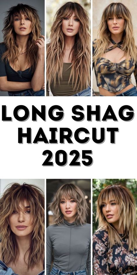 The long shag haircut 2025 with curtain bangs is the perfect choice for women wanting a modern, edgy look. This hairstyle works wonderfully for fine hair, as choppy layers add volume and texture. Whether you wear it with bangs or no bangs, this hairstyle can be styled with natural waves or messy curls for a chic finish. Perfect for those with straight or wavy hair, the long shag is a timeless style that can be personalized to suit your unique preferences. Long Hair Shags With Bangs, Piecey Haircut Long, Long Shag Haircut Fine Hair Over 50, Long Shag Haircut Choppy Layers Curtain Bangs, Shag Haircut For Long Hair, Naturally Curly Shag Haircut Long, Long Shag Haircut Choppy Layers Fine Hair Shoulder Length, Long Choppy Layers With Bangs, Women’s Long Hair Shag