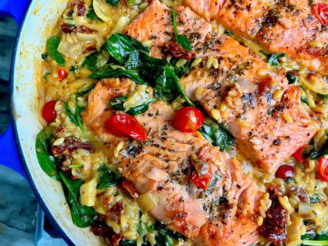 Salmon Spinach Orzo Recipe, Creamy Tuscan Salmon Recipe, Orzo And Salmon Recipes, Salmon Orzo Recipe, Salmon Orzo, Orzo Skillet, Tuscan Salmon Recipe, Tuscan Salmon, Bbq Salmon