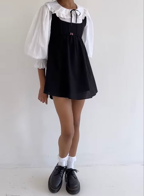 White Collared Dress Outfit, Black Mini Dress Outfit Casual, Shirt And Dress Outfit Layering, Babydoll Aesthetic Outfits, Clown Core Outfit, Dark Cottage Core Outfits, Babydoll Outfit, Japanese Style Fashion, Outfits To Recreate