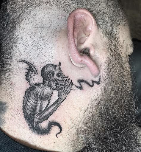 Devil Whispering In Ear, Devil Whispering In Ear Tattoo, In Ear Tattoo, Whispering In Ear, Stile Pin Up, Backpiece Tattoo, Devil Tattoo, Demon Tattoo, Scary Tattoos