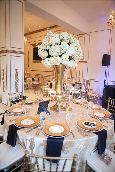 Blue Ivory And Gold Wedding, White Wedding Table Decorations, Ivory Wedding Decorations, Navy Champagne Wedding, White And Gold Wedding Themes, Ivory Wedding Decor, Ivory And Gold Wedding, Gold Ivory Wedding, Gold White Wedding