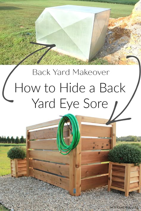 Check out how easy it is to hide your back yard eye sores with this quick idea and tutorial. Hide your well house cover, AC units, trash cans, etc. A simple faux fence and some basic landscaping makes covering those ugly back yard ornaments so easy! Improve your curb appeal with this easy DIY outdoor project idea! Trash Can Cover Outdoor Diy, Outdoor Garbage Can Hideaway Diy, Pool Filter Enclosure Ideas Diy, Oil Tank Screening Ideas, Wood Projects Outdoor, Trash Can Storage Outdoor, Diy Outdoor Projects, Septic Tank Covers, Hide Trash Cans