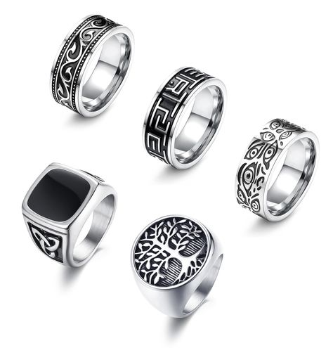 PRICES MAY VARY. 【Signet Rings Set】A Package Includes 5 Pcs Stainless Steel Biker Rings, Including Signet Rings And Celtic Band Rings, The Vintage Rings For Men Of Different Styles, Exquisite Carvings Rings, Gorgeous Patterns Rings, Retro Style Rings, Greek Style Rings, Bold Contrast Of Black And Silver, Classic And Timeless, Multiple Plating And Polishing Processes To Create a Textured Gloss. Own It, Show Your Taste On Various Occasions. 【Biker Rings Size】The Signet Ring Is Specially Designed F Silver Rings Men Design, Vintage Rings Men, Mens Jewelry Rings, Rings For Men Silver, Promise Rings Men, Grunge Rings Men, Mens Rings Silver, Men Rings Silver, Silver Rings Aesthetic Men