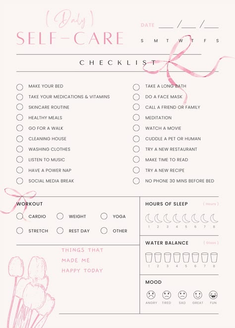 Transform your daily routine with this self-care checklist. Keep track of simple tasks like making your bed, jot down the date, monitor your sleep hours, stay hydrated, log your workout, and reflect on your mood. Self Care Checklist For Moms, Self Care Daily Planner, Daily Selfcare Checklist, Self Love Daily Routine, Self Care Check In, Daily Check In, Self Care Checklist For Teenagers, Self Care Binder, Self Care Checklist Hygiene