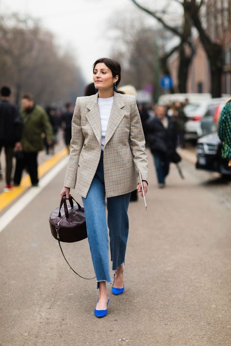 Blue Heels Outfit, Networking Event Outfit, Plaid Blazer Outfit, Event Outfit Ideas, Blazer Street Style, Moda Denim, Style Casual Chic, Milano Fashion Week, Event Outfit